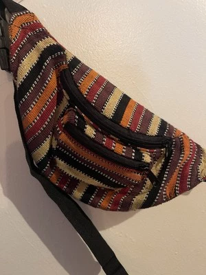 Bolsa de cintura Fanny Pack listrada laranja rosa multicolorida hippie vários bolsos - Imagem 1 de 4