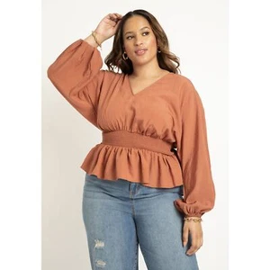 New Eloquii Womans Sz 14 Blouse Smocked Waist Copper Puff Long Sleeve NWT - Picture 1 of 10