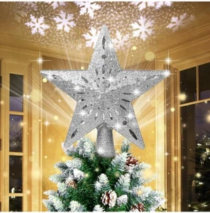 10" Silver Christmas Tree Topper LED Lighted Star Snowflake Rotating Projector - Picture 1 of 3