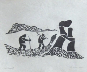 Inuit STONE CUT Print " HUNTER GROUP " signiert von KOOTOO MUNNO 36/50 18x24 1981 - Bild 1 von 4