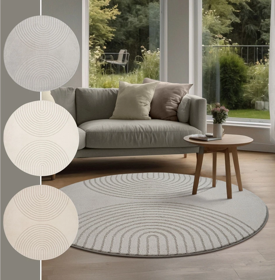Modern Teppich Wohnzimmer Skandinavisch Design Beige Creme Grau Rund - Bild 1 von 1