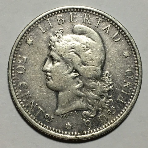 Argentina 50 Centavos 1882 World Silver Coin KM# 28 Circulated Worn Cleaned Cover