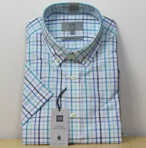 M&S KURZARM KARIERTES HEMD AUS REINER BAUMWOLLE MIT GEKNÖPFTEM BAUMWOLLE ~ Größe S ~ AQUA Mix - Bild 1 von 3