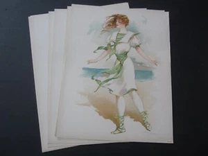 WHOLESALE Lot of 10 Old 1908 Antique - VICTORIAN PRINTS Sporting Girls SEASHORE - Picture 1 of 1