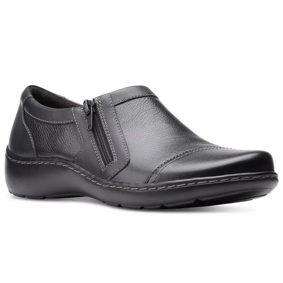 CLARKS Women's Cora Giny Cushioned Zip Loafer Flats Black Size 6.5M