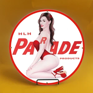 8''VINTAGE HLH PARADE RED PORCELAIN GAS SERVICE STATION AUTO PUMP PLATE SIGN - Picture 1 of 2