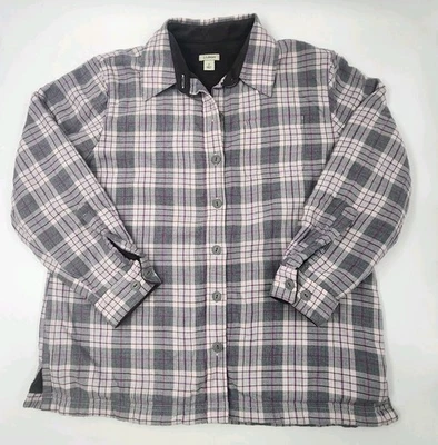 LL Bean Fleece Lined Flannel Shirt Button Down Grey Purple Womens Small Petite  - Image 1 of 4