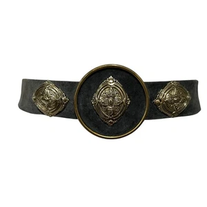 Vintage Womens Belt Gray Suede Gold Medallion Western Gothic Boho Statement - Picture 1 of 10