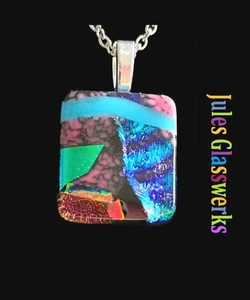 Hand Crafted Dichroic Fused Glass Pendant Necklace W/ Chain #1721 - Picture 1 of 4