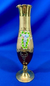 BOHEMIAN ART GLASS VASE 9.25"H RUBY GLASS HEAVY GOLD & HAND-PAINTED FLORALS - Picture 1 of 5