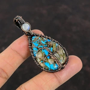 Copper Pink Opal Copper Turquoise Stone Rainbow Moonstone Sister Ethnic Pendant - Picture 1 of 6