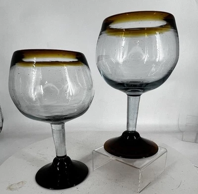 Par 2 copas mexicanas de vidrio soplado a mano borde y pie ámbar, vidrio artístico rústico grande Foto 1 de 4