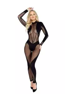Sexy Jumpsuit schwarz mit transparentem Netz Cut Out Langarm - Bild 1 von 6