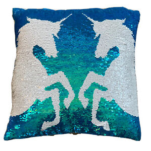 Justice unicorns flip the sequins blue & white decorative sequin pillow NEW