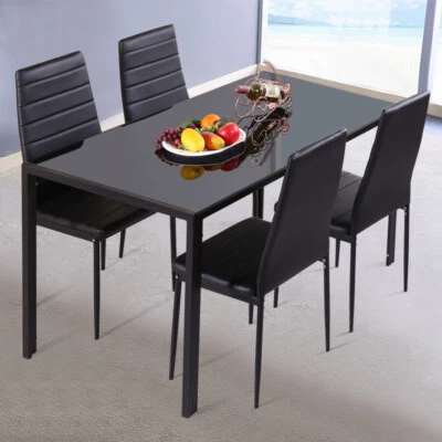Black Glass Dining Table Chair Set 4 Faux Leather High Back Ribbed Dining Chairs - Image 1 of 4