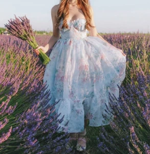 FREE PEOPLE Selkie French Corset Puff MIDI Dress Powder Blue Floral S - Picture 1 of 9