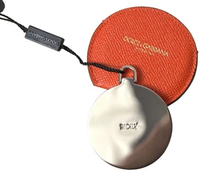 DOLCE & GABBANA Hand Mirror Holder Orange Calfskin Leather Round Logo RRP 230usd - Picture 1 of 5