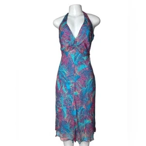 BCBGMAXAZRIA Y2K Silk Neckholder Dress | Size 8 | Lagoon Palm Print - Bild 1 von 11