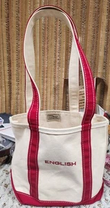 LL Bean Canvas Boat and Tote Bag Small Open Top Red/Cream Embroidered "English" - Picture 1 of 18