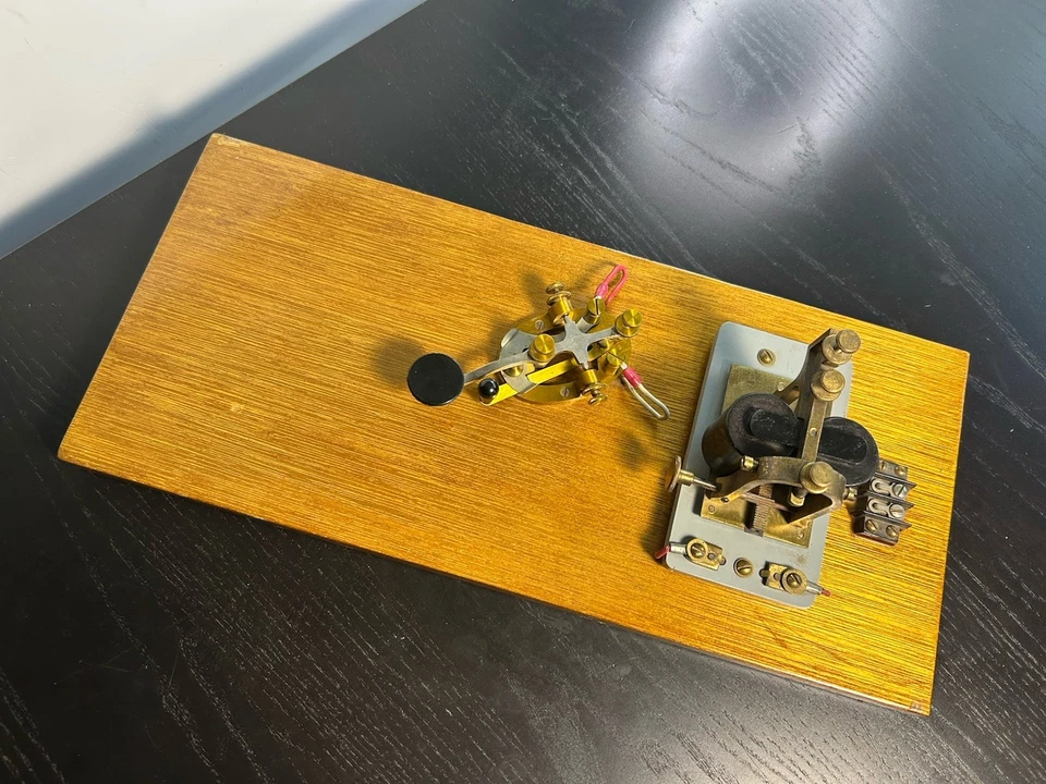 Vintage J.H. Bunnell & Co Telegraph Key & Sounder Set on Wood Board Morse code - Image 1 of 4