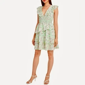 BCBGeneration Floral Smocked Waist Fit and Flate Tiered Ruffle Mini Dress Size S - Picture 1 of 11