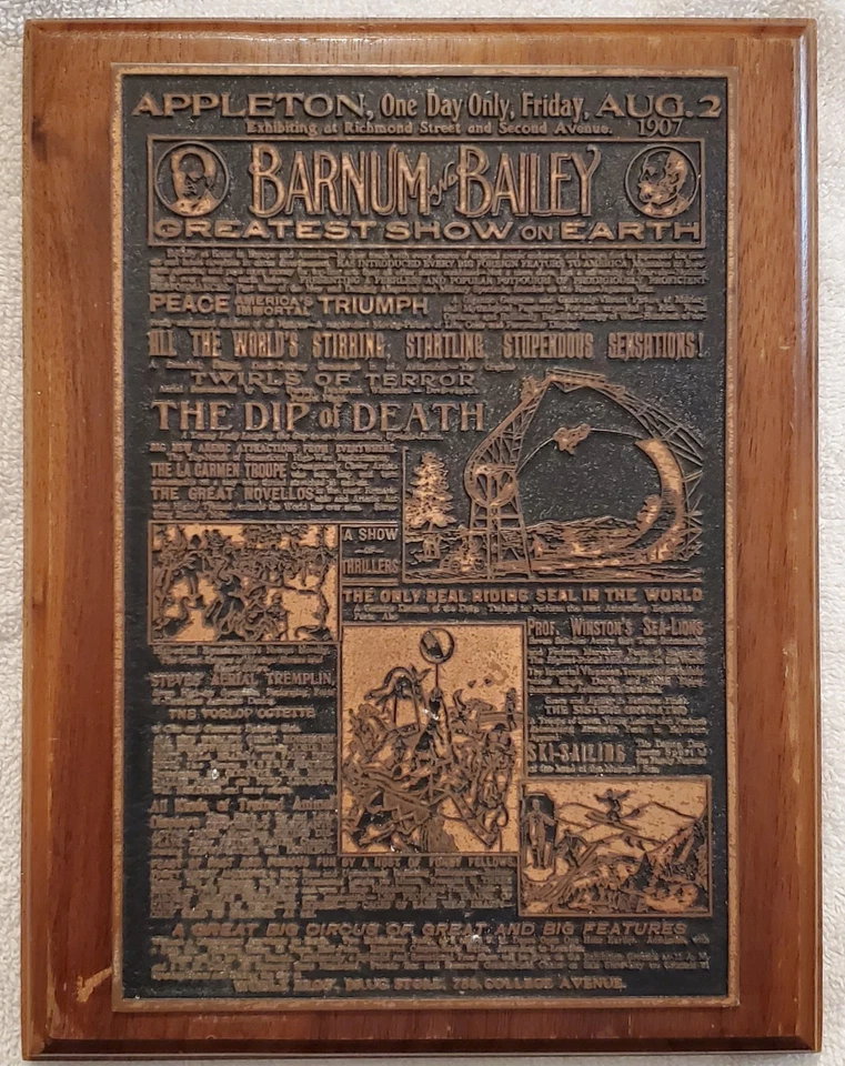 Placa de impressão vintage publicidade circo Barnum & Bailey em placa de madeira  - Imagem 1 de 4