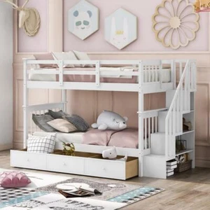 Wood Bed Frame Stairway Twin-Over-Twin Bunk Bed with 3 Drawers for Bedroom White - Picture 1 of 12