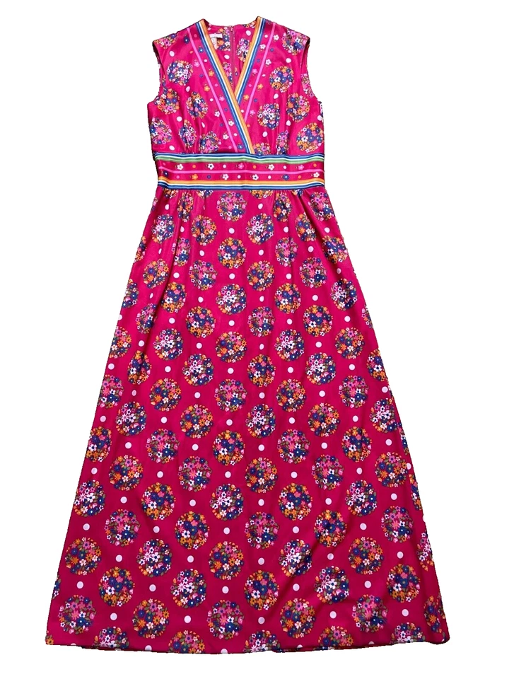 Maxi Vestido Floral Psicodélico Flower Power Vintage Años 60 70 Sin Mangas Rosa Grande Foto 1 de 4