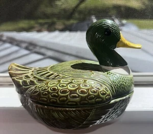 Majolica Ceramic Mallard Dish With Lid Made In 1969 Signed - Picture 1 of 12