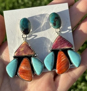 Navajo 925 Sterling Silver Multi Stone Cluster Earrings Marcella James - Picture 1 of 12