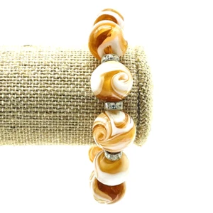 Glass Bead Bracelet Stretch Silver Tone Orange White Creamsicle Marbles Classic - Picture 1 of 6
