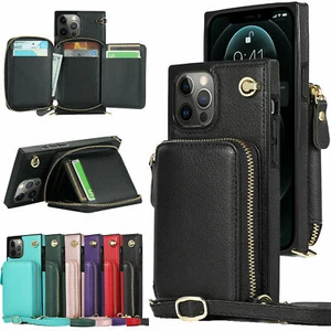 Leather Zipper Card Wallet Phone Case For iPhone 11 12 13 14 Pro Max XR 6 7 8 SE - Picture 1 of 18