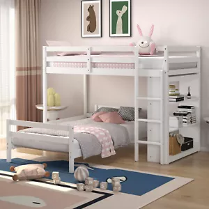 Twin Over Twin Loft Bunk Bed Wood w/Bookcase Guardrail Ladder Kids Bedroom - Picture 1 of 10