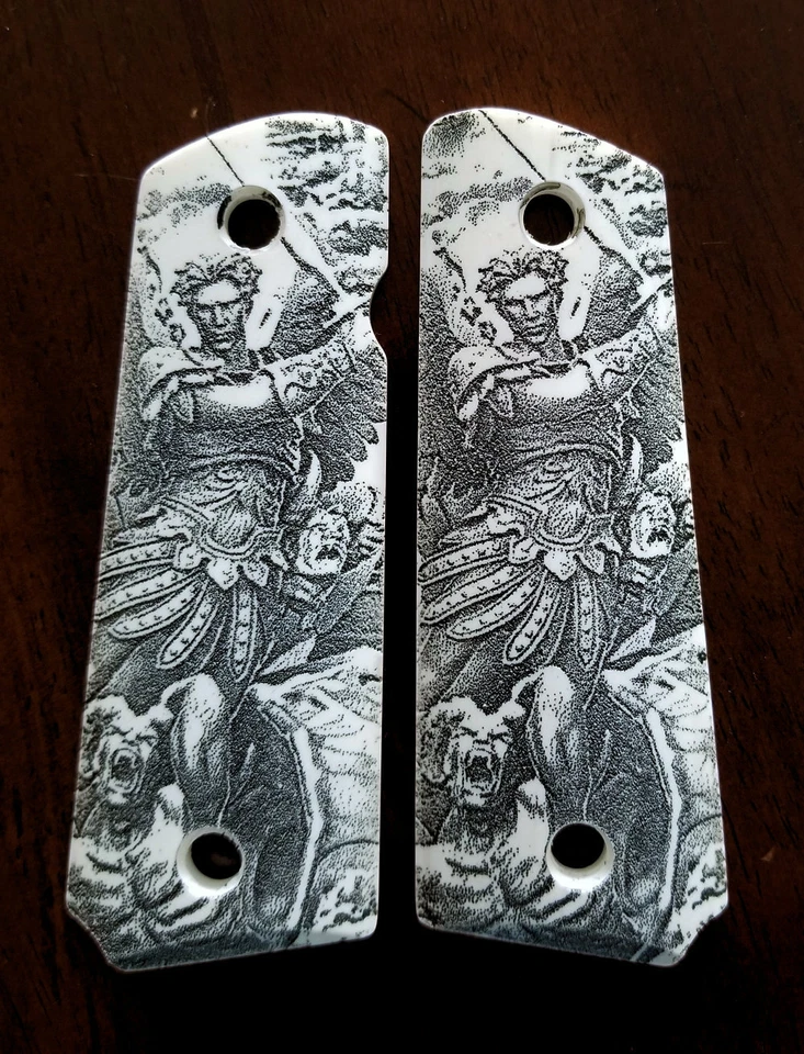 COLT 1911 custom engraved imitation ivory grips Archangel Michael fighting demons
