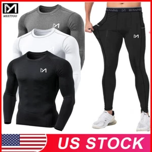 Mens Compression Quick Dry Thermal Base Layer Gym Tight Running Shirts Pants Set - Picture 1 of 20