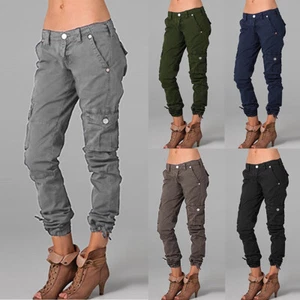 Women Cargo Pants Pockets Harem Joggers Solid Casual Zip Trousers Slim Comfort - Picture 1 of 17