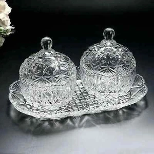 2pc Glass Sugar Candy Round Bonbon Dish Jar Set Candy Box Bowl With Lid & Tray - Picture 1 of 2