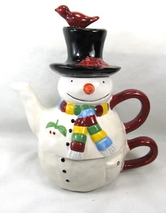 Snowman tea for one set ceramic teapot and cup holiday decor - Picture 1 of 2
