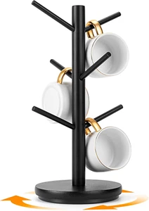 Mug Holder Tree with 6 Hooks, 360° Rotated Wooden Cup Organizer - Picture 1 of 12