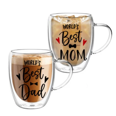 DAD MOM Double-Walled Insulated Glass Coffee Mugs, 12oz Set of 2 for Tea, Coffee