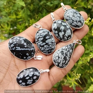 5Pcs Lot Natural Snowflake Obsidian Gemstone Pendants 925 Silver Plated Pendant - Picture 1 of 5