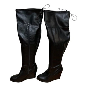Lane Bryant Womens Boots Over Knee Black Zip Wedge Heel Plus 10W Whimsigoth Punk - Picture 1 of 14