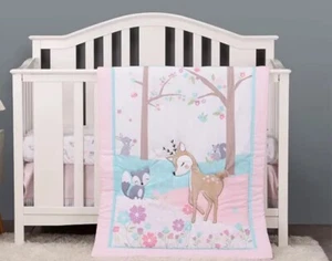 Crib Bedding Set for Girls 3 Piece Woodland Baby Girl Deer Pink Floral Nursery - Picture 1 of 5