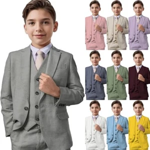 Boys Linen Suit 3 Piece Formal Slim Fit Beach Wedding Boys Tuxedo Summer Set - Picture 1 of 35