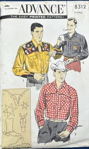 VTG ADVANCE 8312 SMALL MENS SEWING PATTERN WESTERN SHIRT W/APPLIQUES COMPLETE - Picture 1 of 8