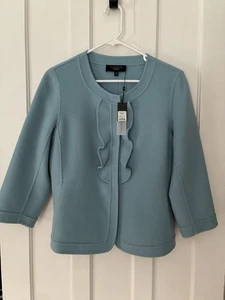 Talbots Sz 10P Boiled Wool Ruffle Jacket 3/4 Sleeve Powder Blue NWT - Picture 1 of 17