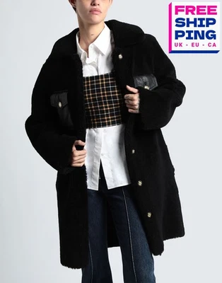 PVP €1495 SANDRO Petrouchka Abrigo de Piel de Oveja Talla 0 XS Negro Botón Cuello Frontal Foto 1 de 4