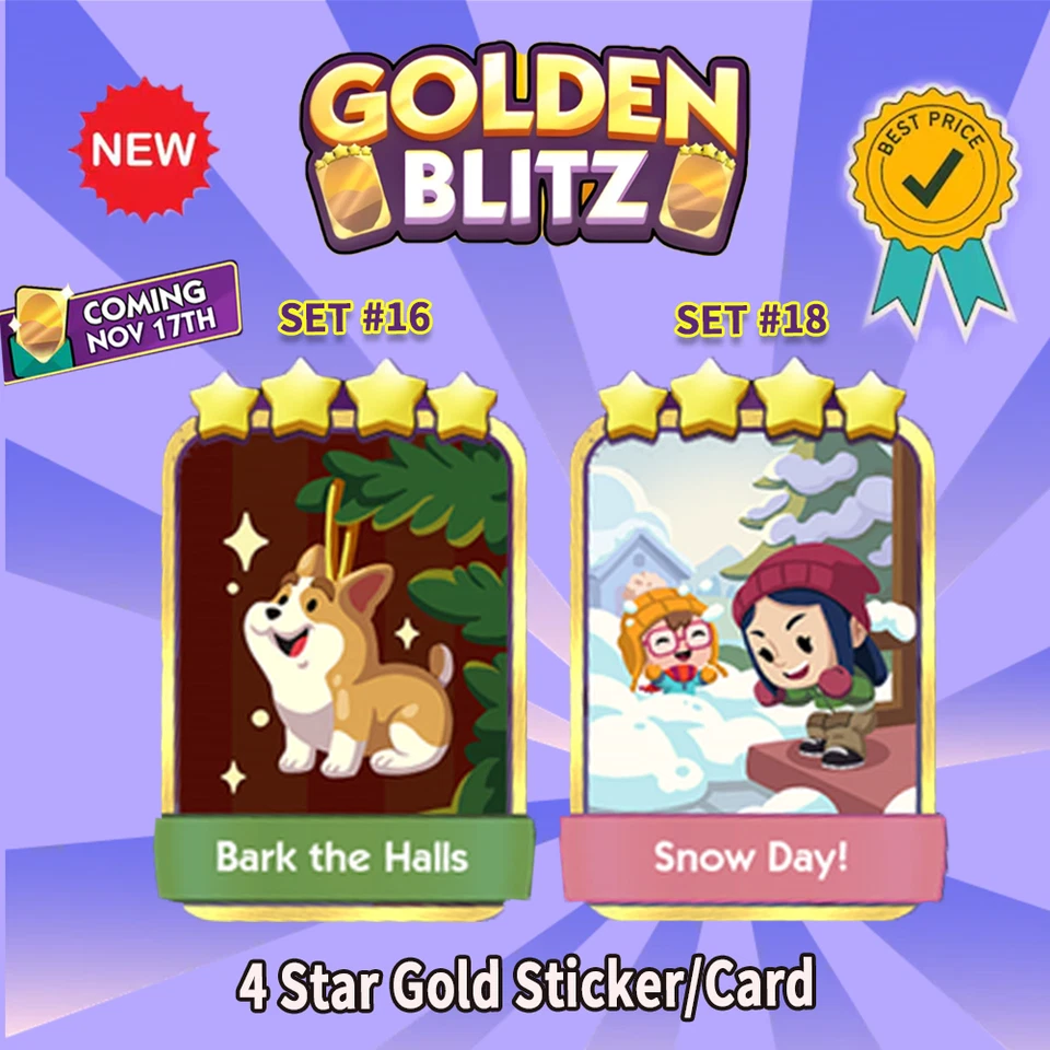MONOPOLY GO Golden Blitz (Bark the Halls & Snow Day!) 4⭐Golden Stickers⚡ - Image 1 of 1