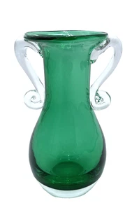 Vintage Tarnowiec (Poland) Blown Glass Kelly Green Vase, Double-Scroll Handles - Picture 1 of 9