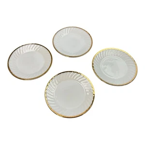 (4) ANCHOR HOCKING FIRE KING White Swirl Milk Glass Gold Trim 10" Dinner Plates - Picture 1 of 13